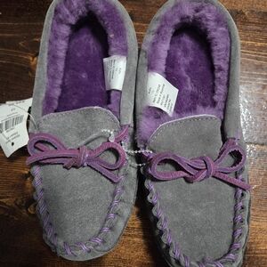 L.L. Bean Gray Suede Moccasin Slippers with Purple Lining